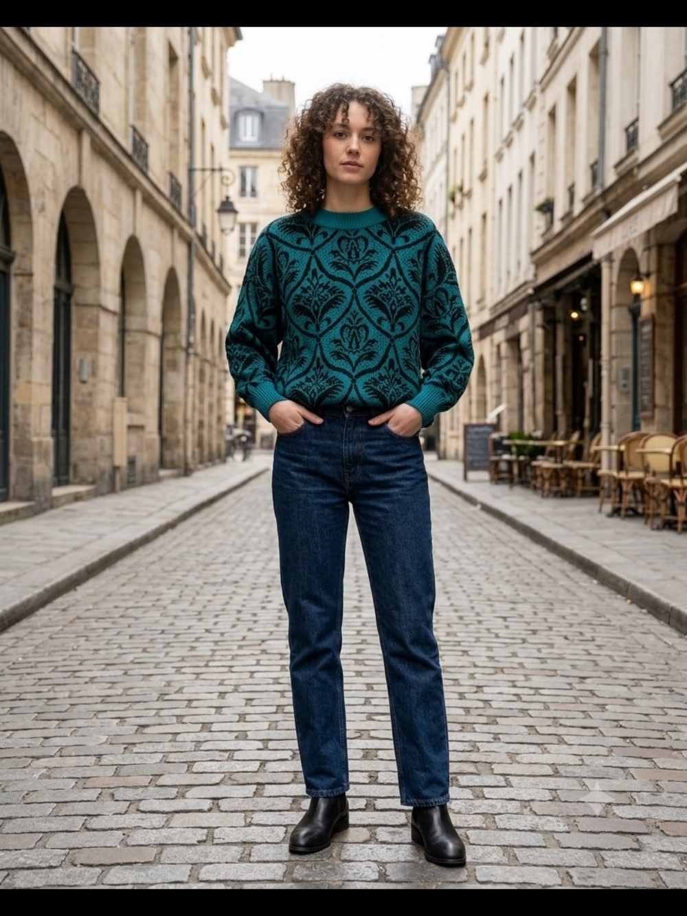 ​Vintage 80s Carducci Teal & Black Damask Pattern Crewneck Knit Sweater Med